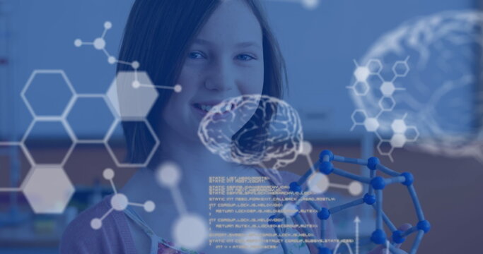 Image of science data processing over caucasian schoolgirl - Powered by Adobe