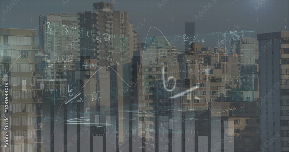 Poster image of financial data processing and mathematical equations over cityscape