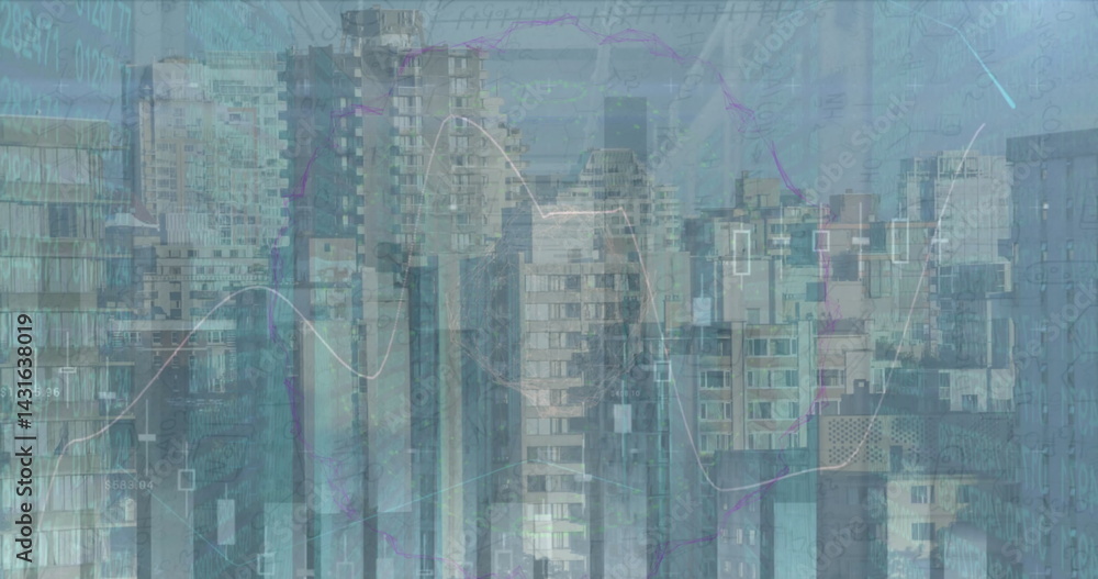 Aufkleber image of financial data processing and mathematical equations over cityscape