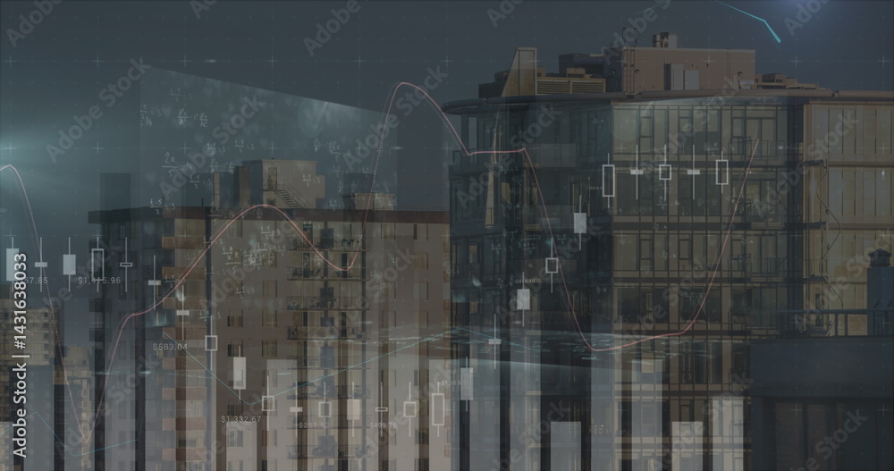 Poster image of financial data processing and mathematical equations over cityscape