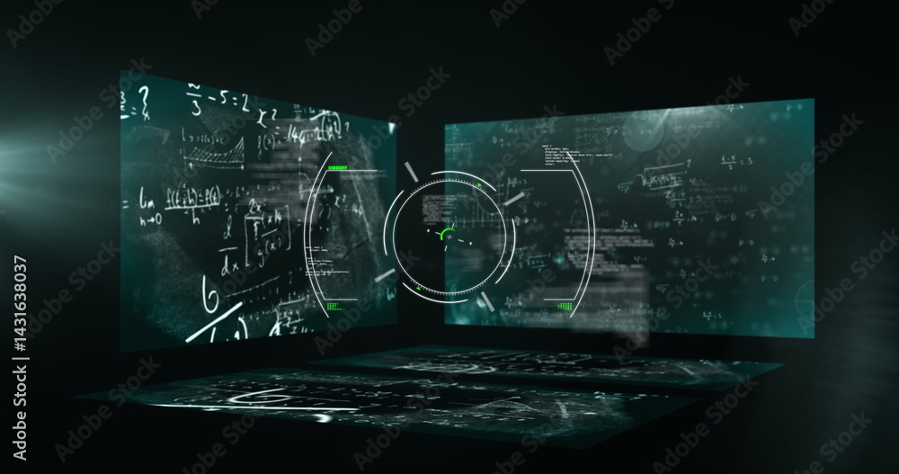 Poster image of scope scanning, data processing and mathematical equations over black background