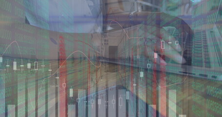 Image of financial data processing and mathematical equations over biracial businesswoman