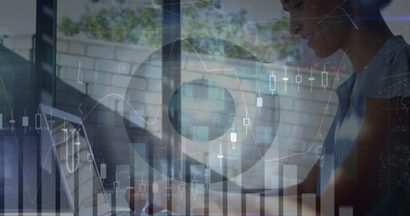 Image of financial data processing and scope scanning over biracial businesswoman