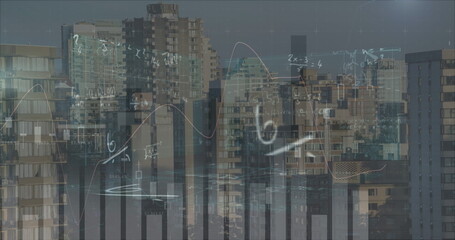 Image of financial data processing and mathematical equations over cityscape