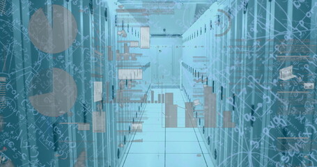 Image of financial data processing and mathematical equations over server room