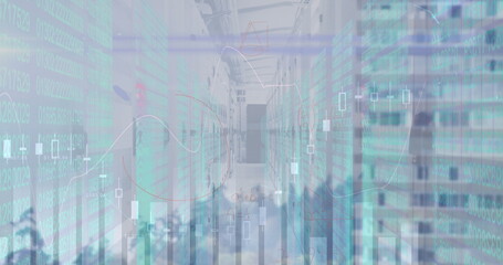 Image of financial data processing and server room over cityscape