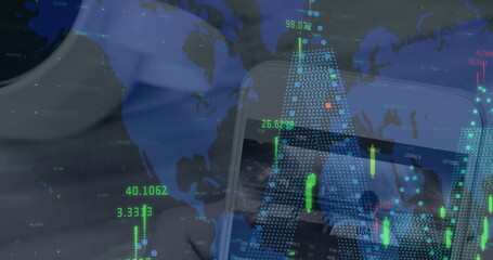 Image of financial data processing over hand holding smartphone