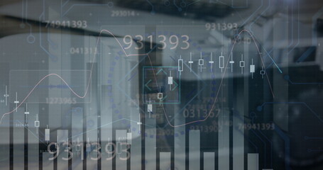 Image of financial data processing and scope scanning over desk in office