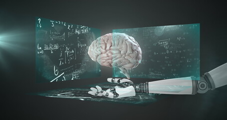 Image of robotic hand holding brain over mathematical equations
