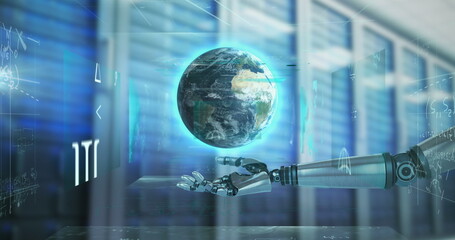Image of robotic hand holding globe over mathematical equations and server room