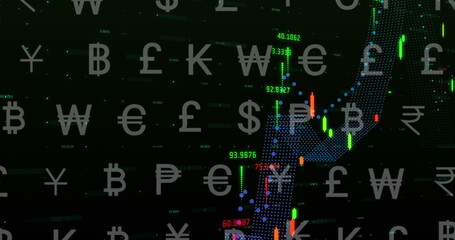 Image of currency symbols over financial data processing on black background