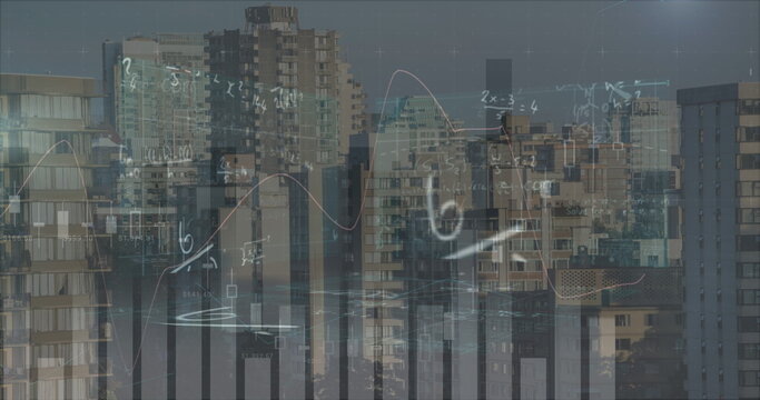 Image of financial data processing and mathematical equations over cityscape