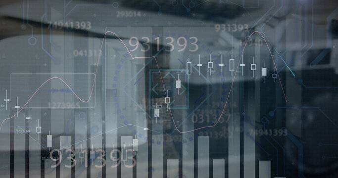 Image of financial data processing and scope scanning over desk in office