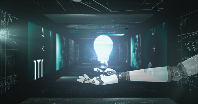 Image of robotic hand holding light bulb over mathematical equations