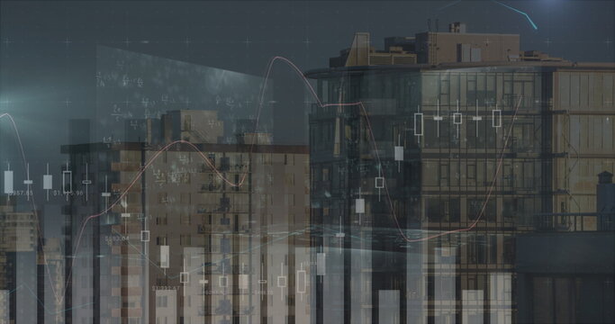 Image of financial data processing and mathematical equations over cityscape