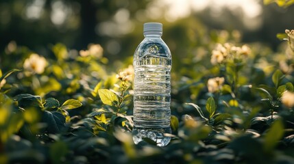 Plastic water bottle amidst greenery