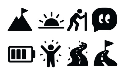 Outdoor adventure silhouette icons - solid style hiking, nature, and travel symbols: mountain, sunrise, hiker, quote bubble, battery, enthusiast, roadway