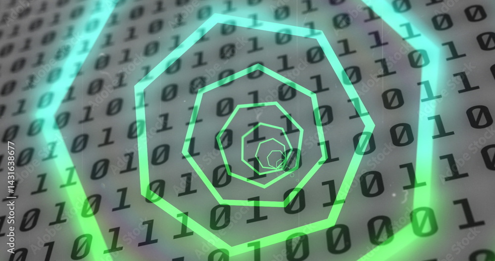 Poster image of tunnel with neon shapes over binary coding on white background