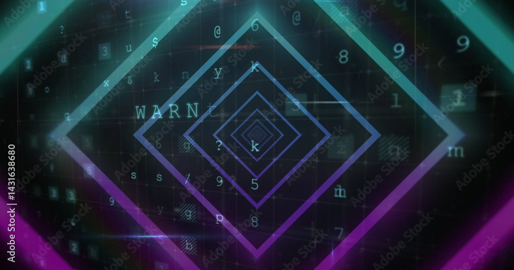Poster image of tunnel with neon shapes over data processing on black background