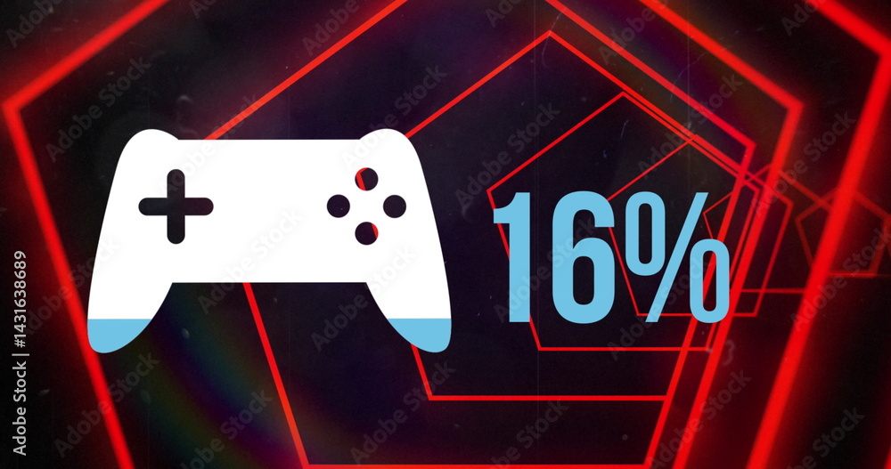 Poster image of gamepad icon over tunnel with neon shapes on black background