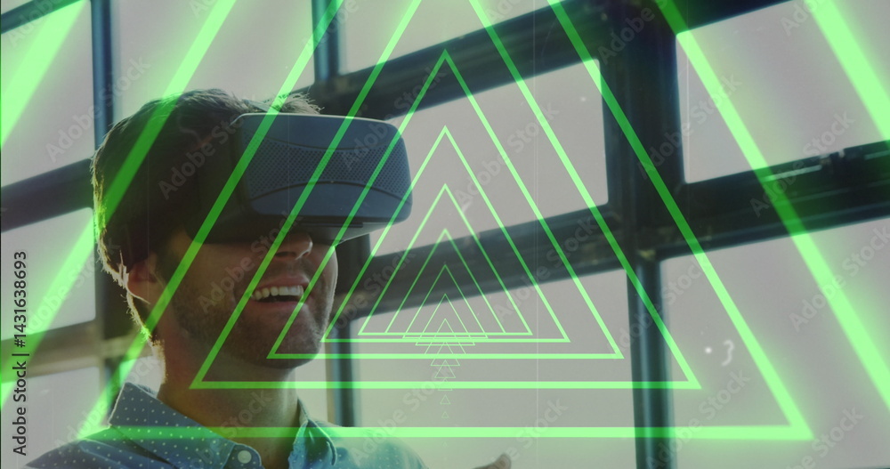 Poster image of tunnel with neon shapes over biracial man using vr headset