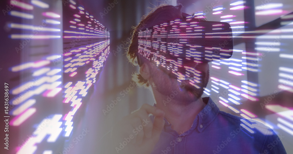 Poster image of moving columns over caucasian man using vr headset