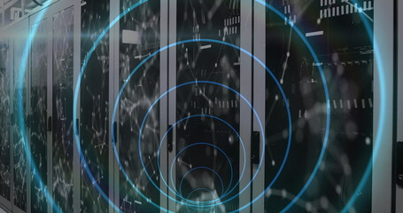 Image of tunnel with neon shapes over server room