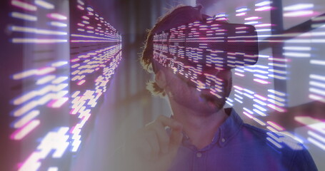 Image of moving columns over caucasian man using vr headset
