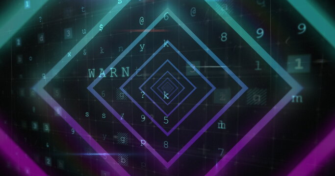 Image of tunnel with neon shapes over data processing on black background