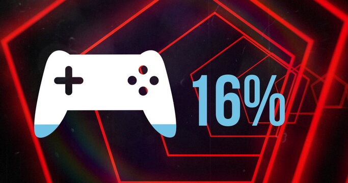 Image of gamepad icon over tunnel with neon shapes on black background - Powered by Adobe