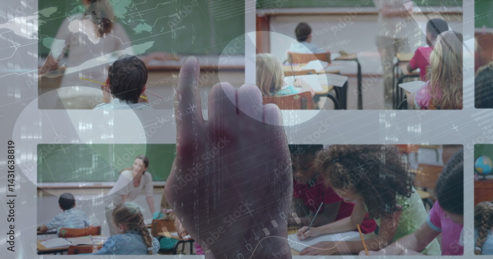 Poster statistical data processing against close up of a hand touching a screen with school images