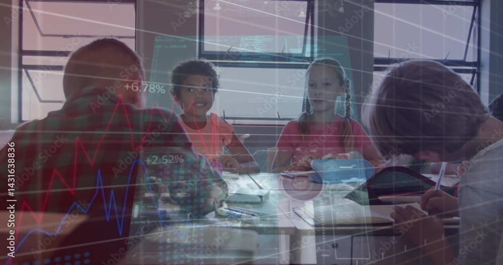 Poster screens with data processing against group of diverse students studying in a class at school