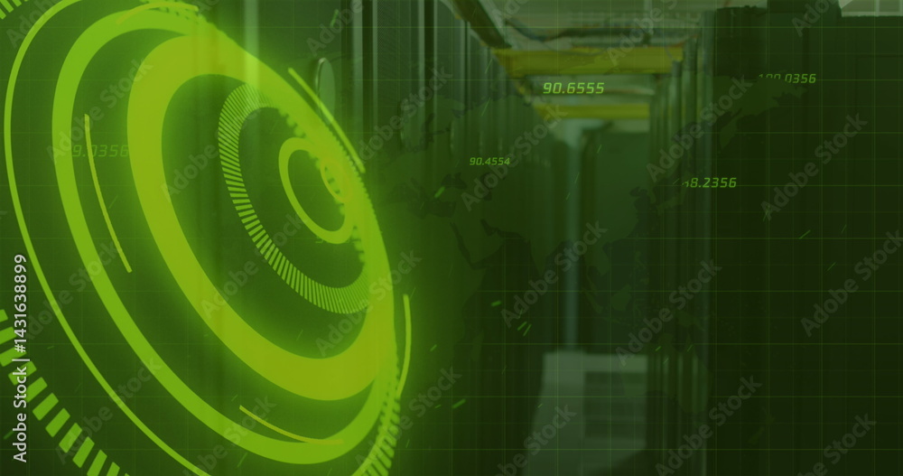 Poster yellow neon glowing round scanner and multiple numbers floating against computer server room