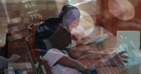 Statistical data processing against african american girl studying at school