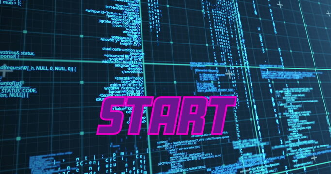 Purple start text banner against data processing on blue background