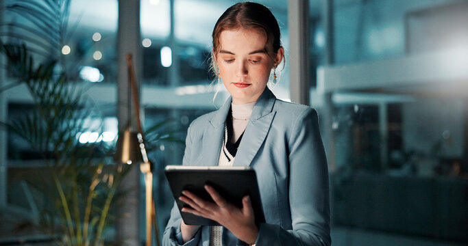 Night, reading or businessman with tablet, review and news for research and funding approval. Bookkeeping, auditor and female financial advisor in office for accounting deadline and late overtime