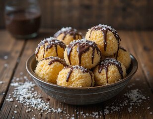Delicious coconut balls drizzled with chocolate sauce on a wooden table