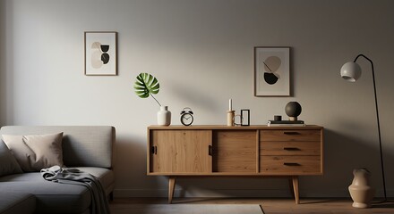 Wooden Sideboard with Decor in a Modern Living Room