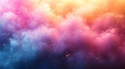 Vibrant Cosmic Cloudscape: Pink, Blue, and Orange Hues with Glowing Stars