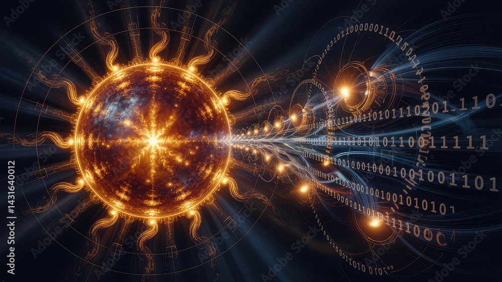 Poster digital cosmos: a mesmerizing abstract artwork depicting a fiery orb emitting streams of glowing ene