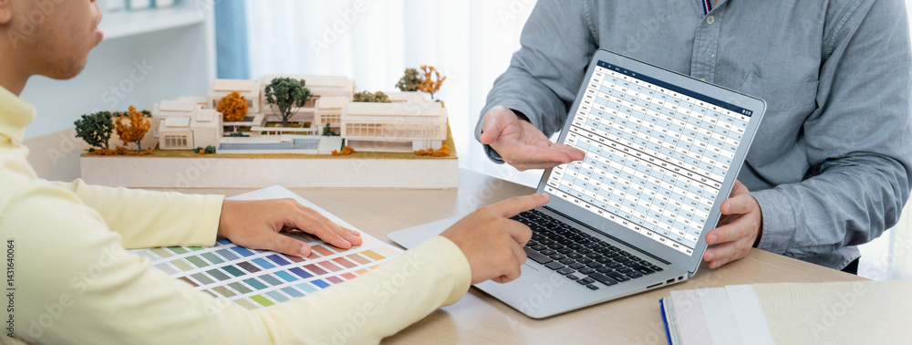 Poster accounting software on computer screen showing financial statement spreadsheets and account balance 