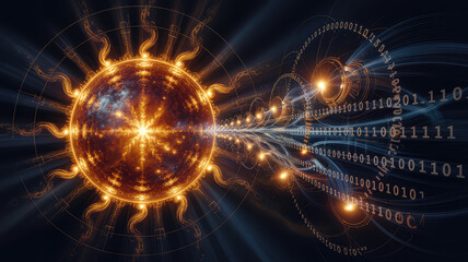 Obraz premium Digital Cosmos: A mesmerizing abstract artwork depicting a fiery orb emitting streams of glowing energy and binary code, symbolizing the interconnectedness of data and the universe.