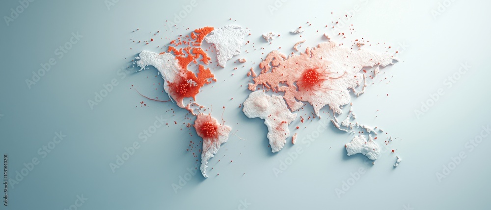 Poster a digital map visualization depicting the global spread and impact of a contagious disease outbreak,