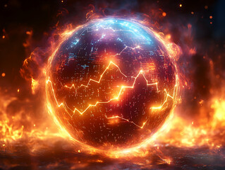 Obraz premium Fiery globe with glowing circuit lines forming a stock chart
