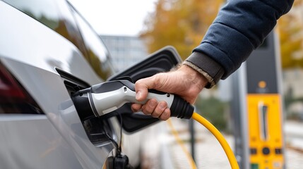 Closeup of man plugging charger into EV Green transport and energy industry