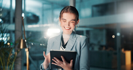 Night, happy or business woman with tablet, review and news for research and funding approval....