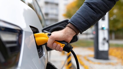 Closeup of man plugging charger into EV Green transport and energy industry