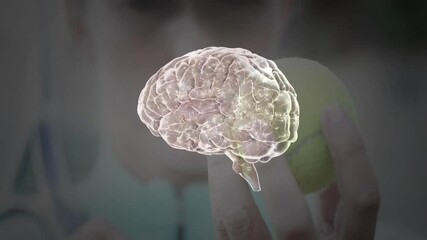 woman holding tennis ball on court while technology showcasing holographic brain and neural network - Powered by Adobe