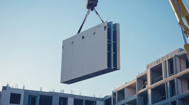 Crane lifting precast concrete wall panel during building construction.