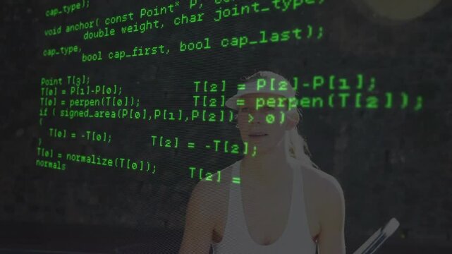 woman fencer wearing mask and holding epee in technology hall, with interactive green code overlay